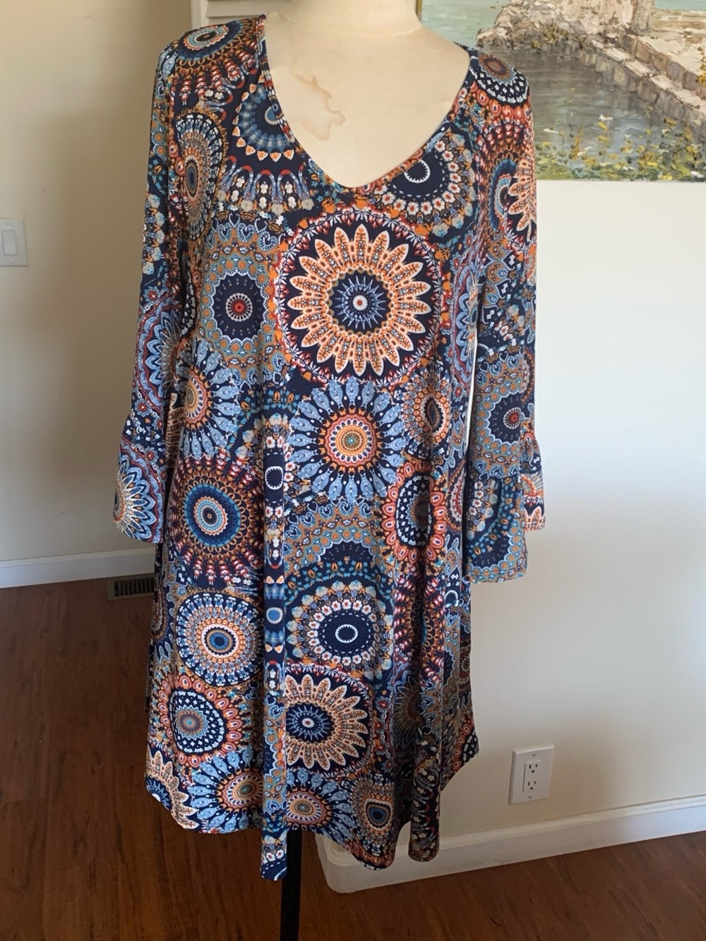 Boho Print Navy and Rust V-Neck Swing Dress shirts ze 2X